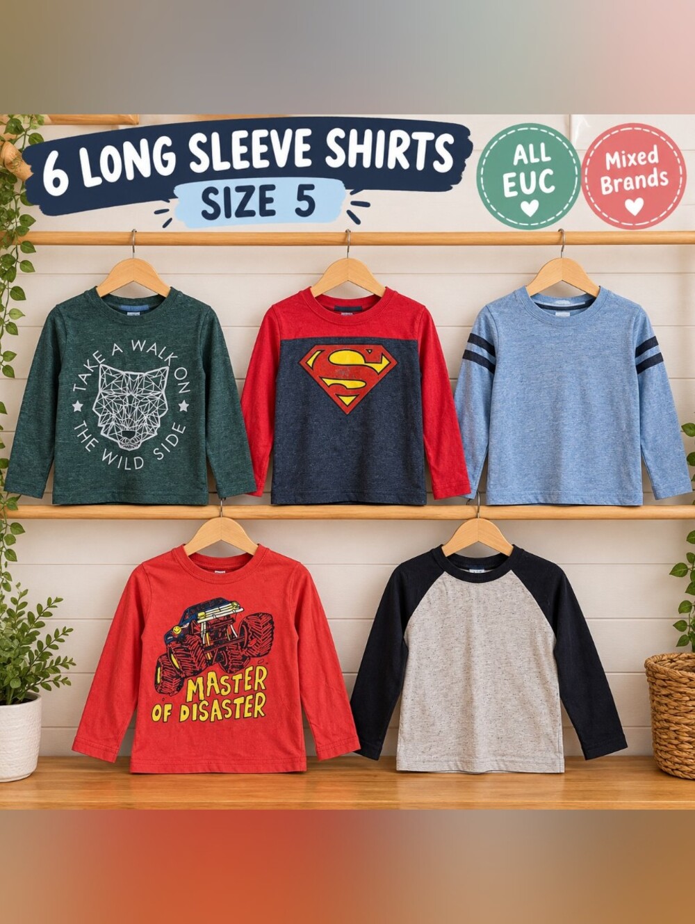 Mixed Brands Kids' Long Sleeve Shirts Set - Red, Blue, Green, Gray ...Size 5